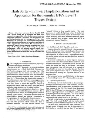 Hash sorter - firmware implementation and an application for the Fermilab BTeV level 1 trigger system