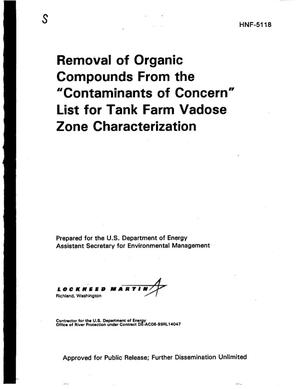 Removal of organic compounds from the Contaminants of Concern list for tank farm Vadose Zone Characterization