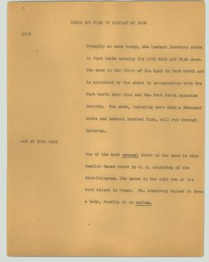 Primary view of object titled '[News Script: Birds and fish on display at show]'.