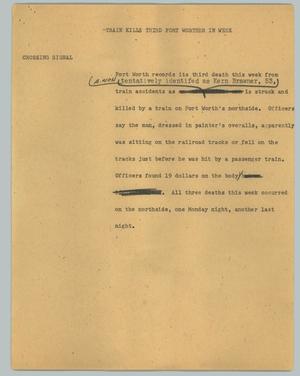 Primary view of object titled '[News Script: Train kills third Fort Worther in week]'.