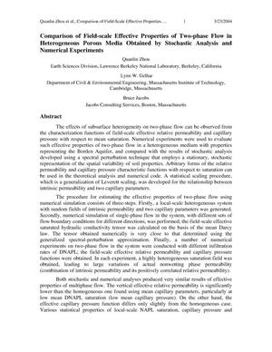 Comparison of Field-Scale Effective Properties of Two-Phase Flow in Heterogeneous Porous Media Obtained by Stochastic Analysis and Numerical Experiments