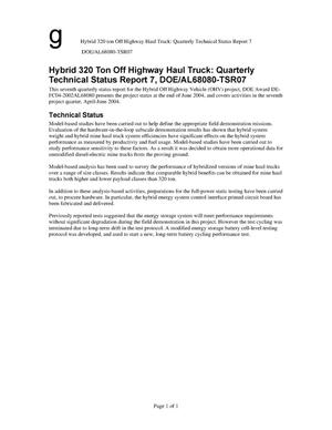 Hybrid 320 Ton Off Highway Haul Truck: Quarterly Technical Status Report 7, DOE/AL68080-TSR07