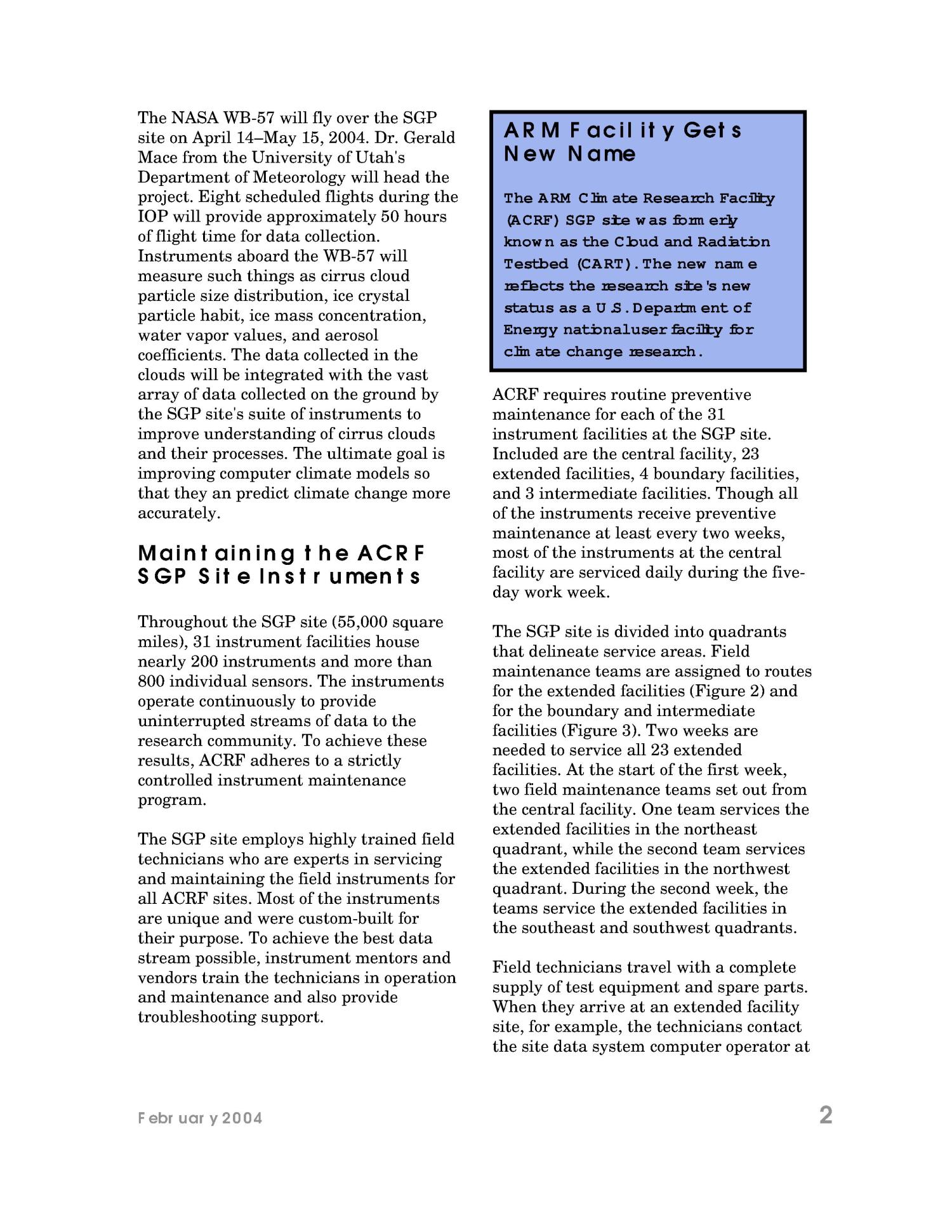 Atmospheric Radiation Measurement Program Facilities Newsletter, February 2004.
                                                
                                                    [Sequence #]: 2 of 3
                                                