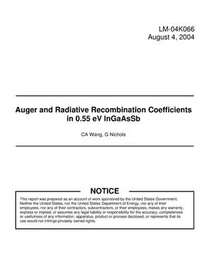 Auger and Radiative Recombination Coefficients in 0.55 eV InGaAsSb