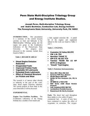 Penn State Multi-Discipline Tribology Group and Energy Institute Studies.