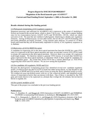 Progress Report for DOE DE-FG03-98ER20317 ''Regulation of the floral homeotic gene AGAMOUS'' Current and Final Funding Period: September 1, 2002, to December 31, 2002
