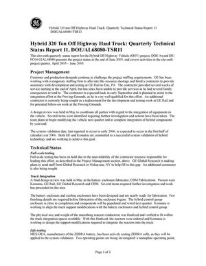 Hybrid 320 Ton Off Highway Haul Truck: Quarterly Technical Status Report 11, DOE/AL68080-TSR11