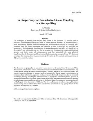 A simple way to characterize linear coupling in a storage ring