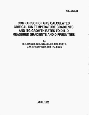 COMPARISON OF GKS CALCULATED CRITICAL ION TEMPERATURE GRADIENTS AND ITG GROWTH RATES TO DIII-D MEASURED GRADIENTS AND DIFFUSIVITIES