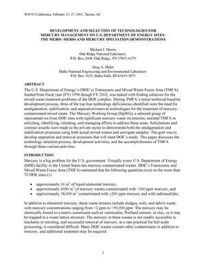 DEVELOPMENT AND SELECTION OF TECHNOLOGIES FOR MERCURY MANAGEMENT ON U.S. DEPARTMENT OF ENERGY SITES: THE MER01-MER04 AND MERCURY SPECIATION DEMONSTRATIONS