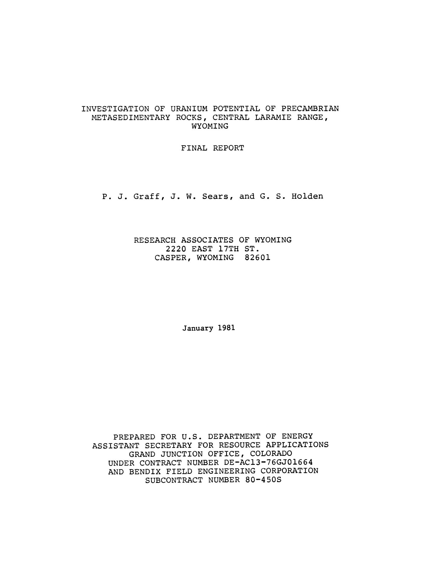 Investigation of Uranium Potential of Precambrian and Metasedimentary Rocks, Central Laramie Range, Wyoming: Final Report
                                                
                                                    Title Page
                                                