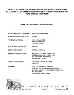 COST-EFFECTIVE METHOD FOR PRODUCING SELF SUPPORTED PALLADIUM ALLOY MEMBRANES FOR USE IN EFFICIENT PRODUCTION OF COAL DERIVED HYDROGEN