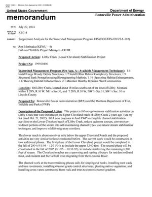 Supplement Analysis for the Watershed Management Program EIS - Libby Creek (Lower Cleveland) Stabilization Project