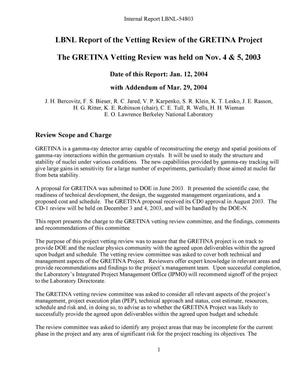 LBNL report of the vetting review of the GRETINA project