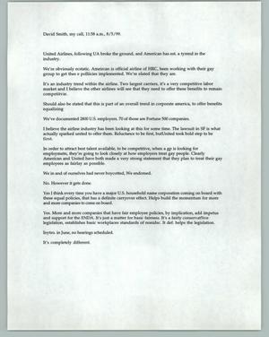 Primary view of object titled '[Typed notes on United Airline's domestic partner benefits announcement]'.