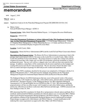 Supplement Analysis for the Watershed Management Program EIS - Idaho Model Watershed Habitat Projects - L-9 Irrigation Diversion Modification