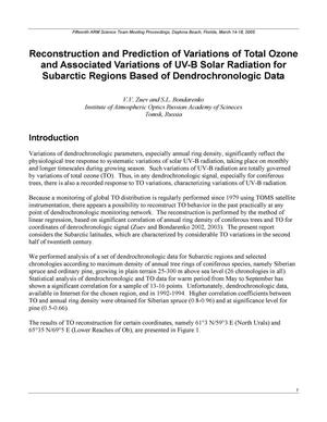 Reconstruction and Prediction of Variations of Total Ozone and Associated Variations of UV-B Solar Radiation for Subarctic Regions Based of Dendrochronologic Data