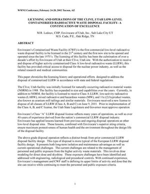 Licensing and Operations of the Clive, Utah Low-Level Containerized Radioactive Waste Disposal Facility- A Continuation of Excellence