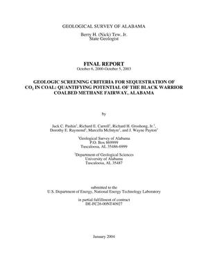 GEOLOGIC SCREENING CRITERIA FOR SEQUESTRATION OF CO2 IN COAL: QUANTIFYING POTENTIAL OF THE BLACK WARRIOR COALBED METHANE FAIRWAY, ALABAMA