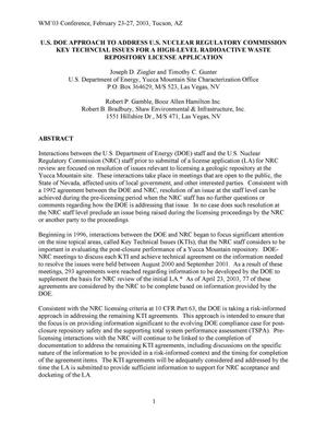 U.S. DOE Approach to Address U.S. NRC Key Technical Issues for a License Application