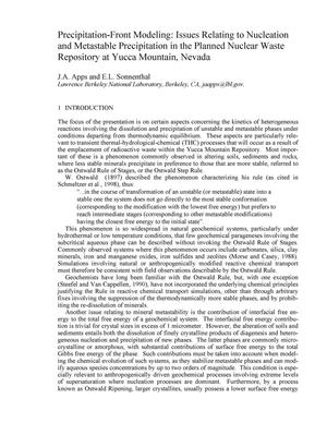 Precipitation-Front Modeling: Issues Relating to Nucleation and Metastable Precipitation in the Planned Nuclear Waste Repository at Yucca Mountain, Nevada