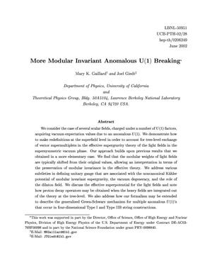 More modular invariant anomalous U(1) breaking