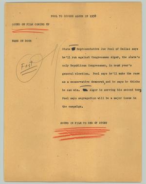[News Script: Pool to oppose Alger in 1958]