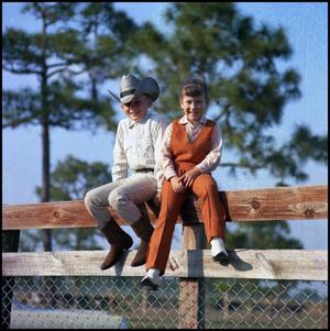 [Boy and girl sitting on a fence]