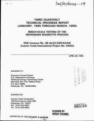 Bench-scale testing of the micronized magnetite process. Third quarterly technical progress report, January 1995--March 1995