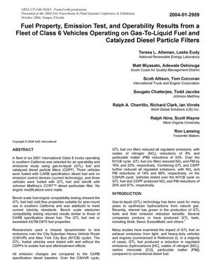 Primary view of object titled 'Fuel Property, Emission Test, and Operability Results from a Fleet of Class 6 Vehicles Operating on Gas-to-Liquid Fuel and Catalyzed Diesel Particle Filters'.