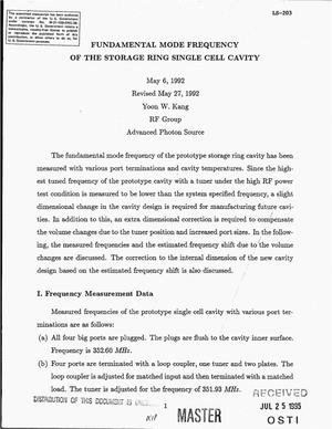 Fundamental mode frequency of the storage ring single cell cavity