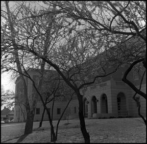 Primary view of object titled '[Business Administration Building from behind trees]'.