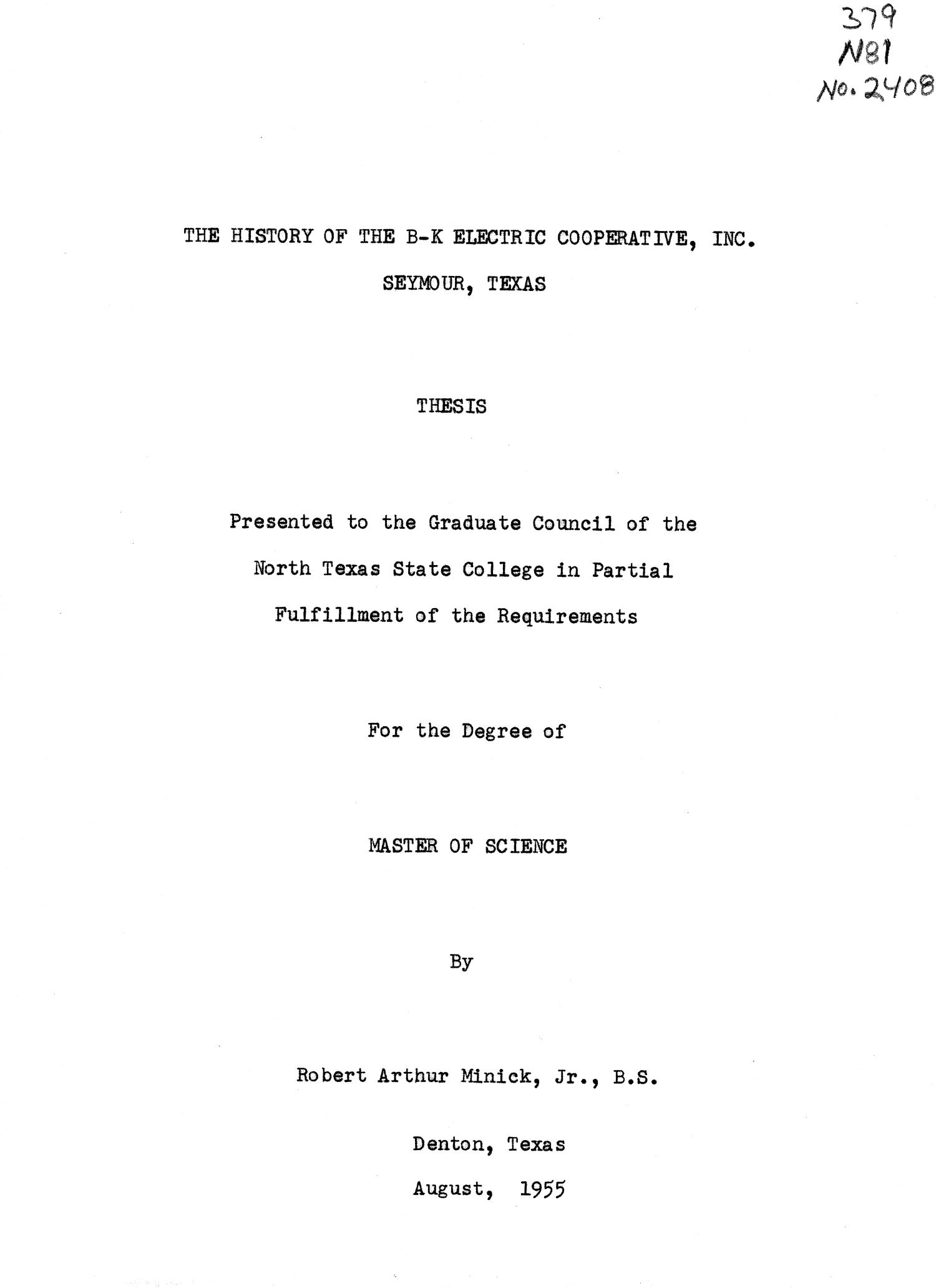 The History of the B-K Electric Cooperative, Inc. Seymour, Texas
                                                
                                                    Title Page
                                                