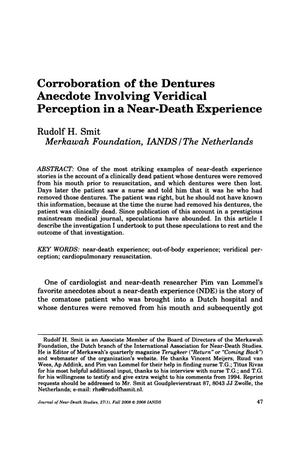 Primary view of object titled 'Corroboration of the Dentures Anecdote Involing Veridical Perception in a Near-Death Experience'.