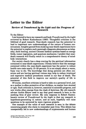 Letter to the Editor: Review of Transformed by the Light and the Progress of Research