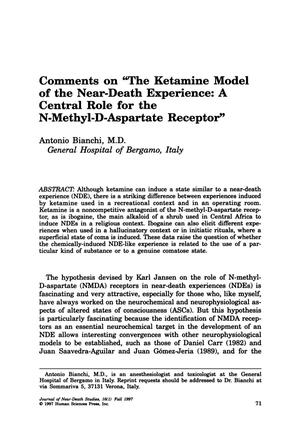 Comments on "The Ketamine Model of the Near-Death Experience: A Central Role for the N-Methyl-D-Aspartate Receptor"