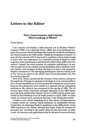 Letters to the Editor: Text, Consciousness, and Control: Who's Looking at Wisdom?