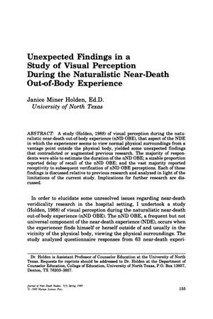 Primary view of object titled 'Unexpected Findings in a Study of Visual Perception During the Naturalistic Near-Death Out-of-Body Experience'.