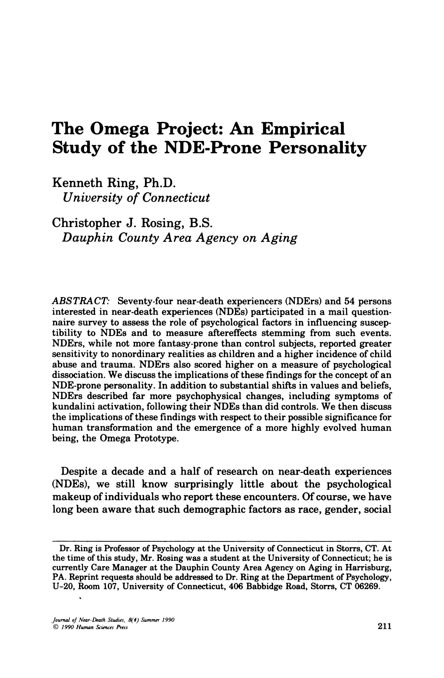 The Omega Project: An Empirical Study of the NDE-Prone Personality - UNT  Digital Library