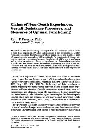 Primary view of object titled 'Claims of Near-Death Experiences, Gestalt Resistance Processes, and Measures of Optimal Functioning'.