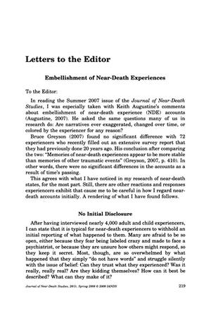 Primary view of Letters to the Editor: Embellishment of Near-Death Experiences