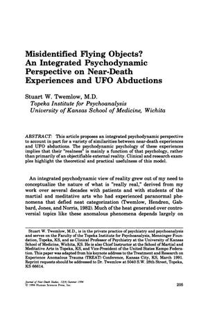 Primary view of object titled 'Misidentified Flying Objects? An Integrated Psychodynamic Perspective on Near-Death Experiences and UFO Abductions'.