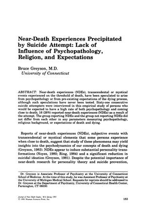 Primary view of object titled 'Near-Death Experiences Precipitated by Suicide Attempt: Lack of Influence of Psychopathology, Religion, and Expectations'.