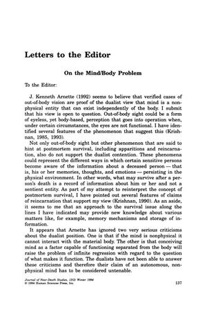 Primary view of object titled 'Letters to the Editor: On the Mind/Body Problem'.