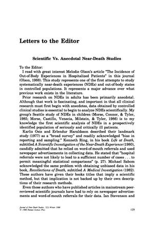 Letters to the Editor: Scientific Vs. Anecdotal Near-Death Studies