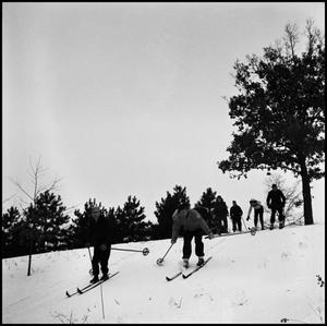 [Seven people skiing down a hill]