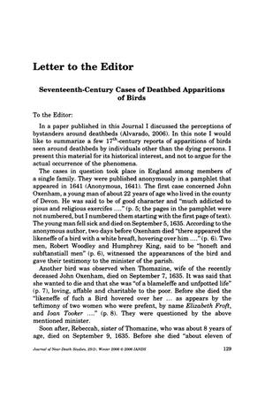 Primary view of object titled 'Letter to the Editor: Seventeenth-Centruy Cases of Deathbed Apparitions of Birds'.
