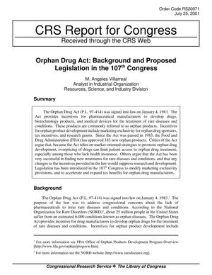 Orphan Drug Act: Background and Proposed Legislation in the 107th Congress