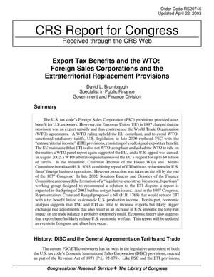 Export Tax Benefits and the WTO: Foreign Sales Corporations and the Extraterritorial Replacement Provisions