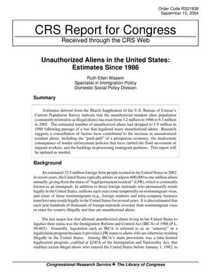 Primary view of object titled 'Unauthorized Aliens in the United States: Estimates Since 1986'.